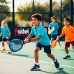 Børn spiller padel med farverige ketchere smilende og bevæger sig energisk på banen